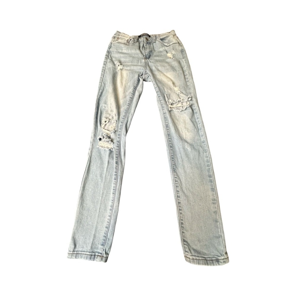 Wax Jean Denim Pants Womens 1 Light Blue Distressed Straight Leg Ripped Stretch